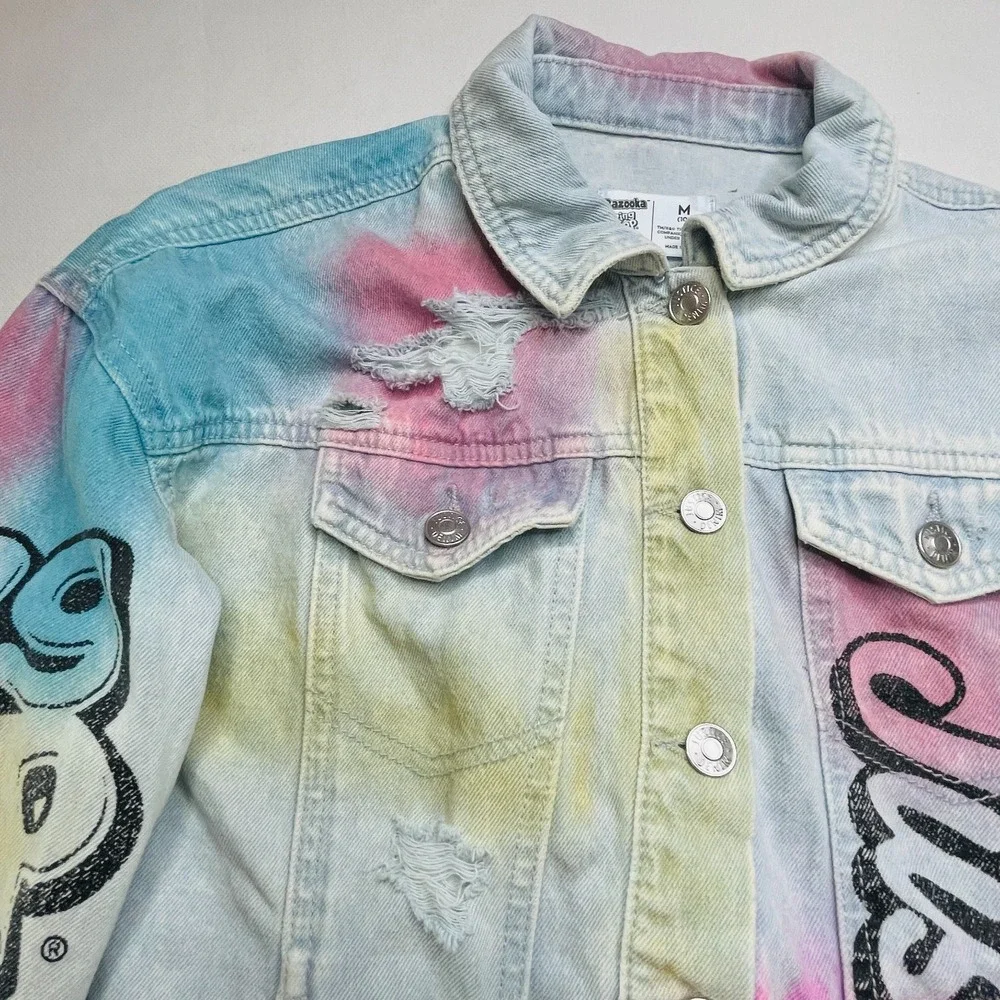 Justice Denim Jacket Girls Medium 10 Bazooka Ring Pop Tie Dye Distressed Grunge